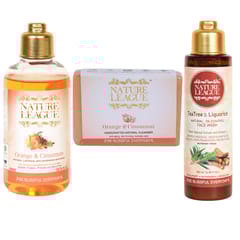 Nature League Orange and Cinnamon Body wash 200, Orange and Cinnamon handcrafted Natural Soap 100 gm ,Tea Tree & Licorice Natural, Oil Control Face Wash 100 ml