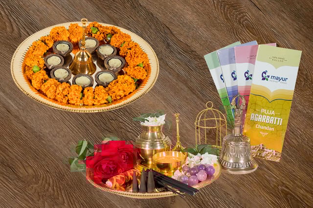Mayur Puja Agarbatti 4 fragrance pack (PO4) and Panchgavya Diya with pure Cowmilk (1Box - 9pieces)