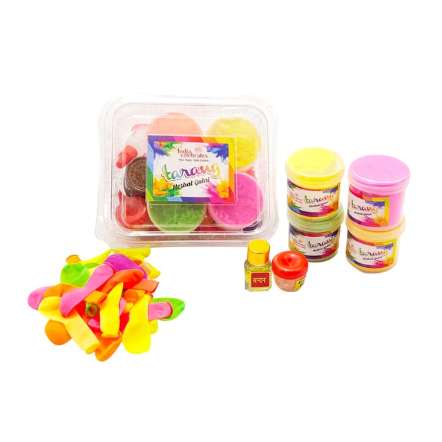 Gulal Square Box Set (4 boxes of organic Gulal with Water Baloons, Chandan Tikka and Attar + Holi Baloons 50 pcs