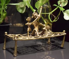 Brass Dhokra Showpiece - Man enjoying Hukkah on a Charpai (13 inches)